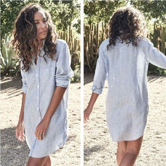 Frank & Eileen Mary Classic Linen Shirtdress In Navy Blue Stripe Size XS - Picture 6 of 10